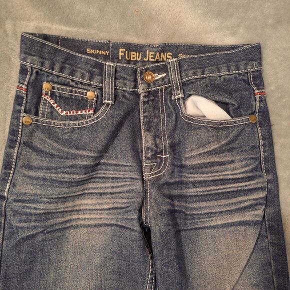 FUBU Retro Jeans Women 14 Dark Wash Blue Embroidered Distressed Skinny - Picture 4 of 14